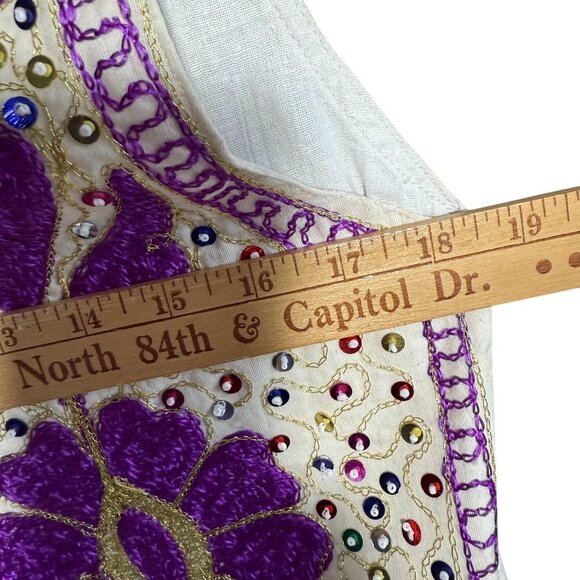 Embroidered Sequins Open Front Jacket Vest Unisex Cream Purple Sleeveless - Picture 6 of 7